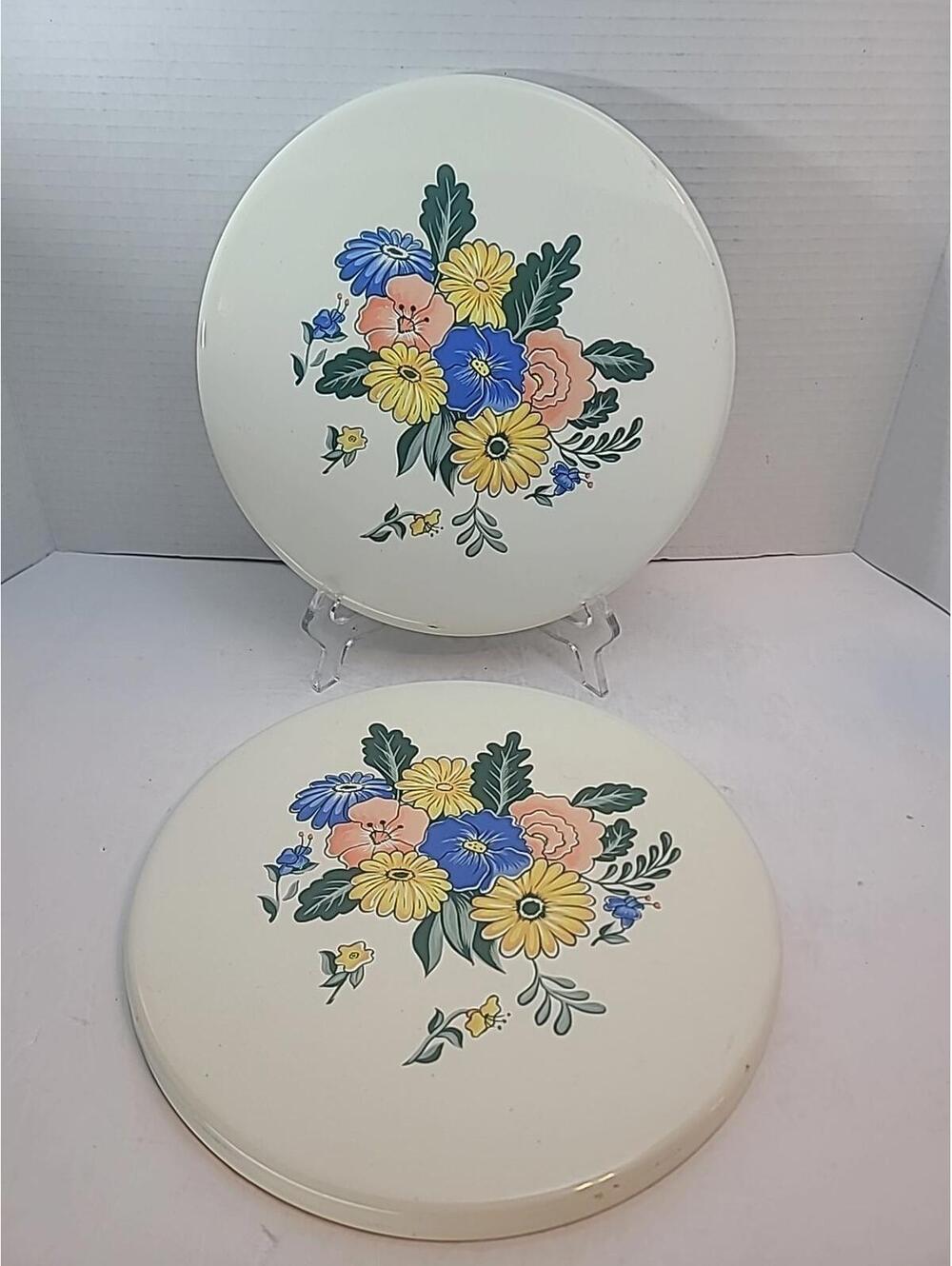 Set Of 2 Vintage M. Kamenstein Floral Heavy Metal Stovetop Burner Covers